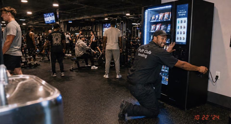 A Puff Club vending machine being set up inside a gym.